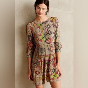 HEMANT & NANDITA Anthropologie Pintucked Prima Silk Boho Dress, Size 6